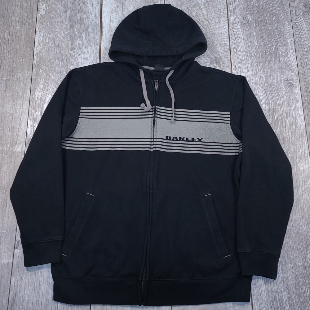 Oakley Full Zip Hoodie Men Medium Black Grey Striped Logo Fleece Jumper Y2K